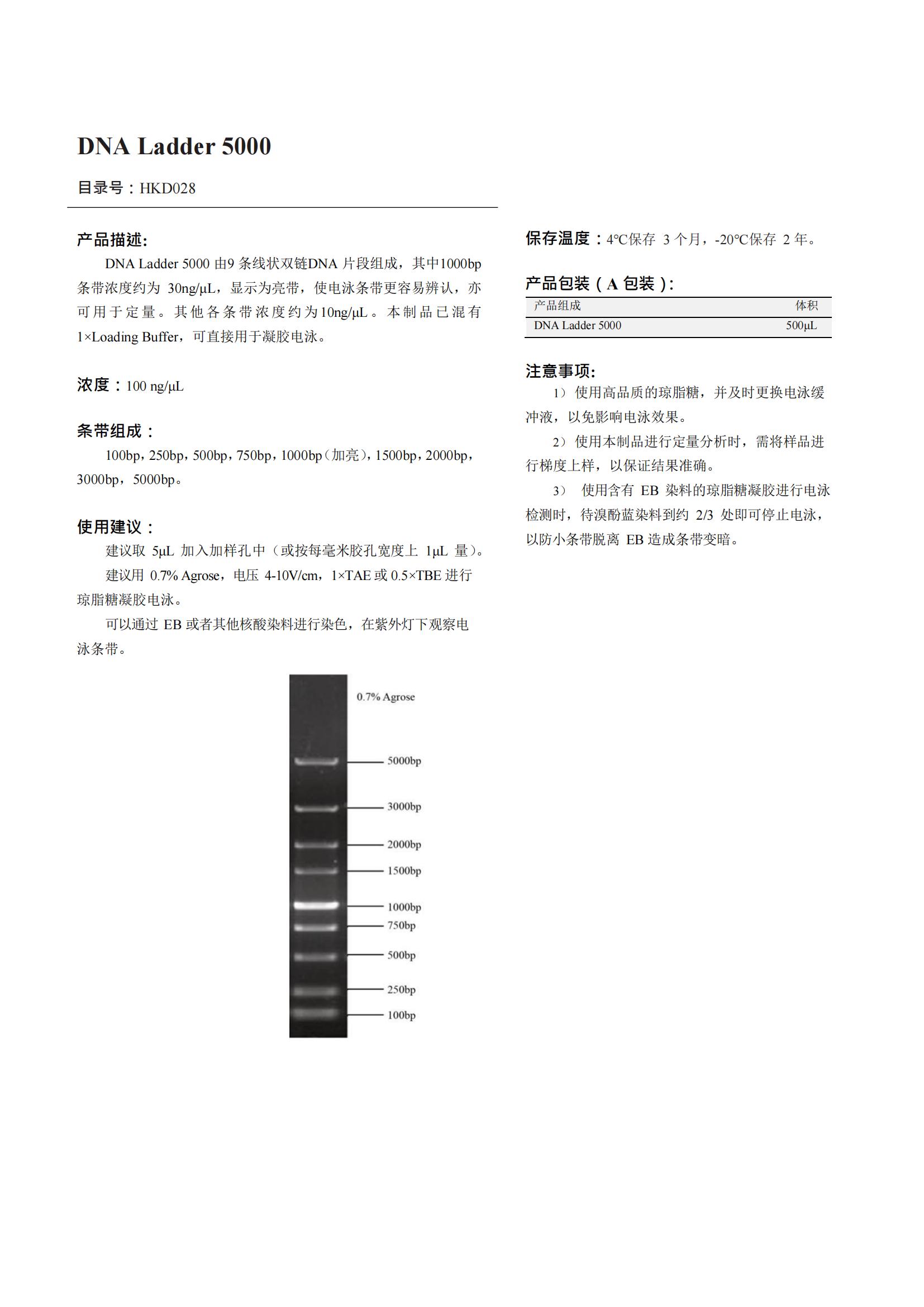DNA Ladder 5000（DNA 标记）产品说明